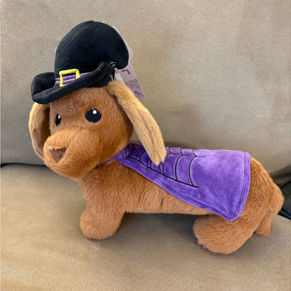 Brown Dachshund Dog Toy with Purple Cape